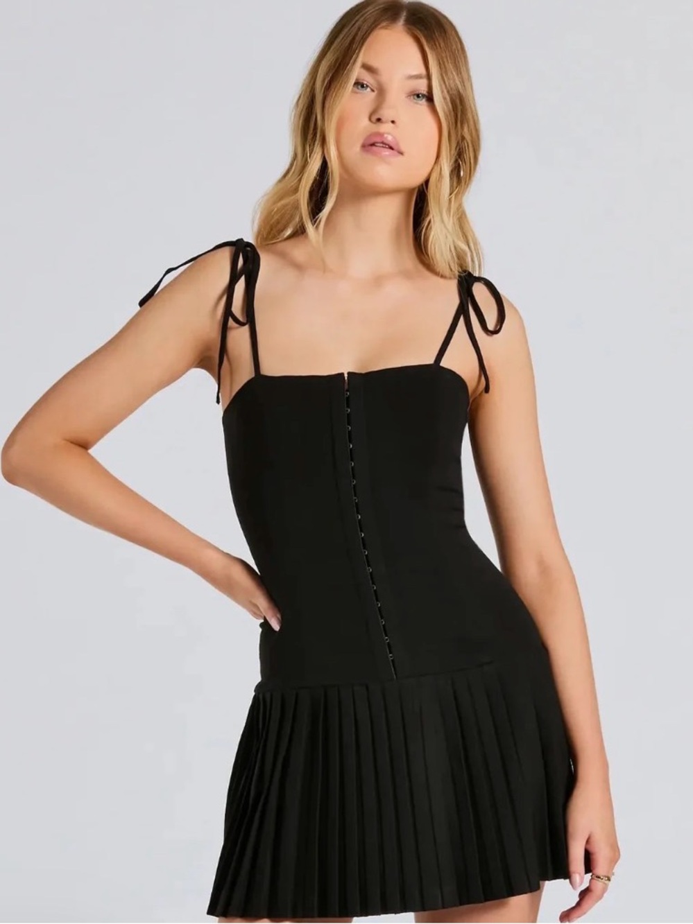 Windsor Black Tie-Shoulder Pleated Corset Mini Dress